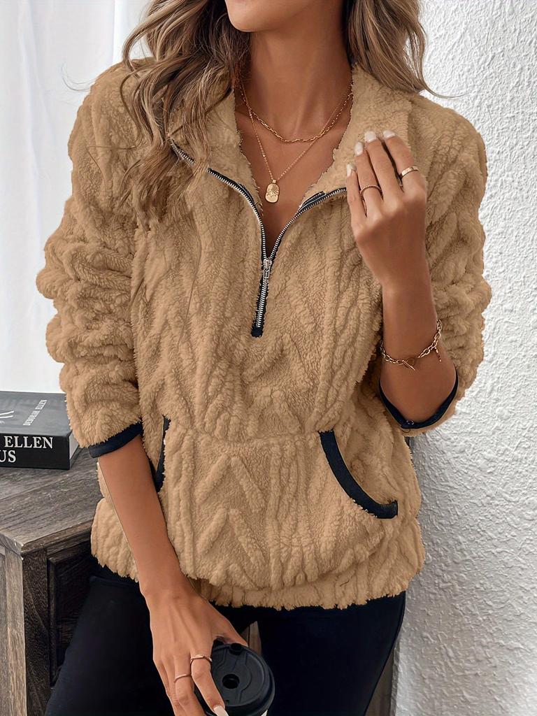 2025 Autumn/Winter European & American Lapel Jacquard Half-Zip Plush Pocket Short Sweatshirt