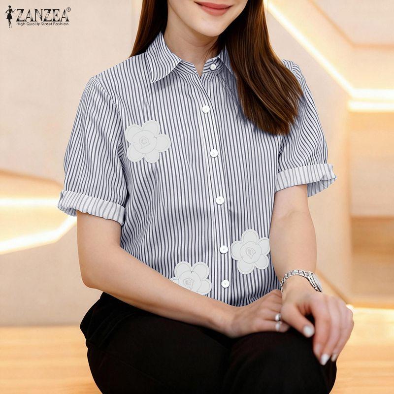 ZANZEA Women Casual Turn Down Collar Short Sleeve Stripe Blouse