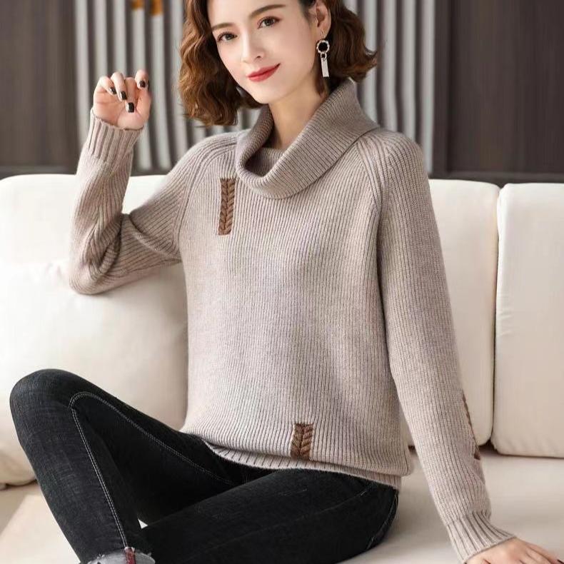Women's Large Neckline Turtleneck Sweater Autumn Winter Thickened Loose Pullover Knit Jumper