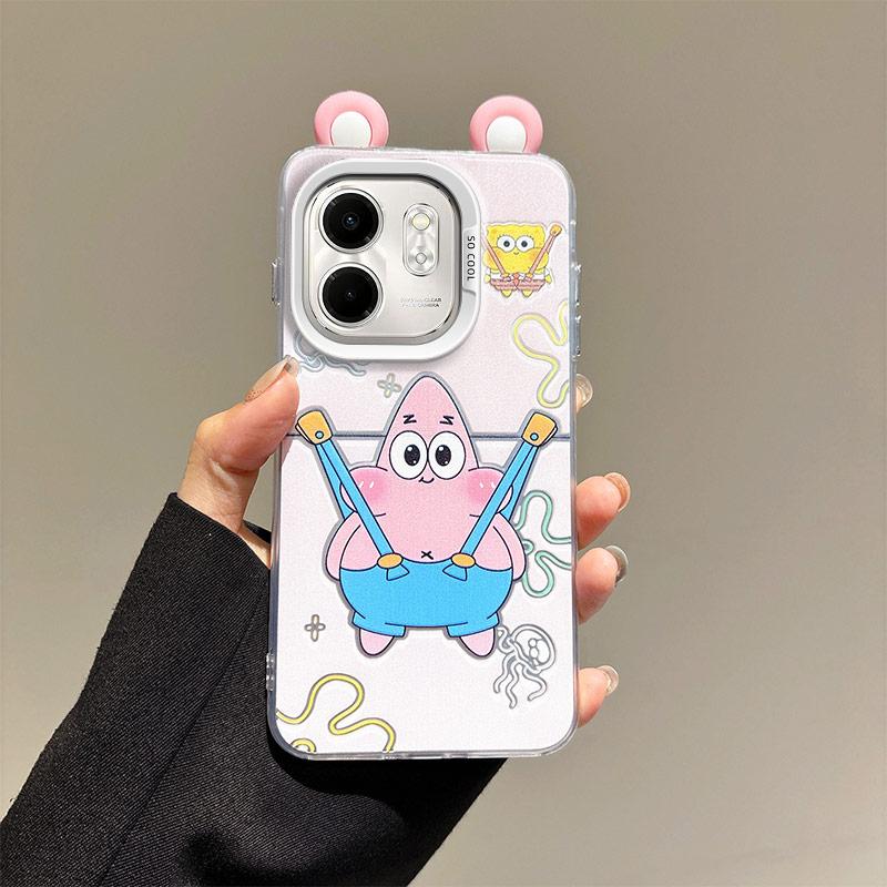 KEYSION Cute Ear Cartoon Case for Infinix Hot 50i with Lanyard Soft Silicone+PC Shockproof Phone Back Cover for Infinix Smart 9