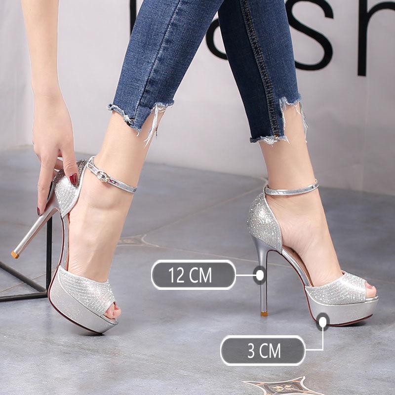 Fashion FHC 2025 New Women High Heeled Sandals,Platforms Rhinestone Summer Shoes,Peep Toe,Ankle Buckle Strap,Champagne,Silver,Dropship