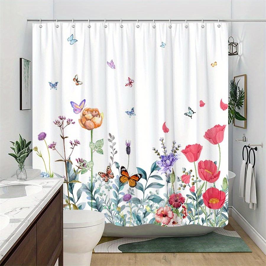 1 Bright Watercolor Floral Shower Curtain - Whimsical Garden Design of Irises and Butterflies, with Hooks, Machine Washable