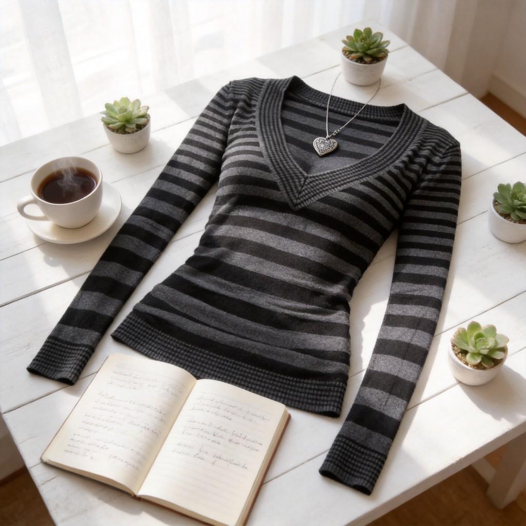 Gestreifter Damen V-Ausschnitt Strickpullover Mit Langen Ärmeln Für Den Street Style