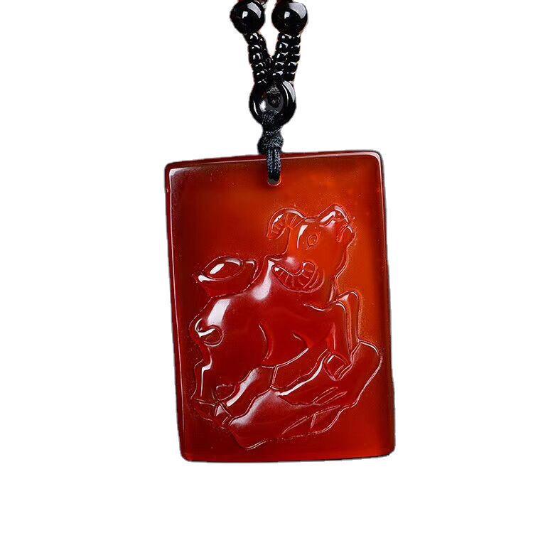 Red Agate Zodiac Pendant - New Design with Monkey and Dog Symbols for Prosperity and Brightness