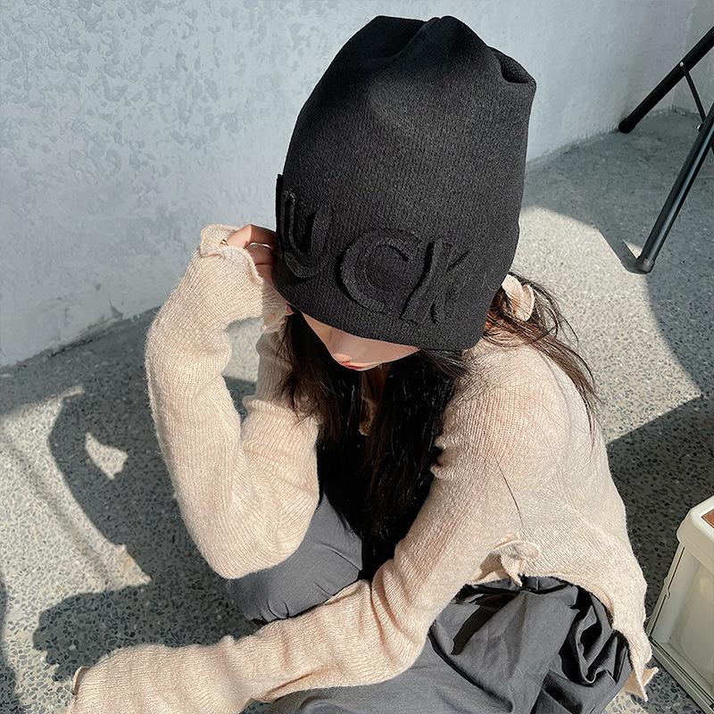 Letter Pile of Hats for Women In Autumn and Winter Big Head Circumference Korean Street Bombing Cold Hat Trendy Loose Ear Protection Hat Men