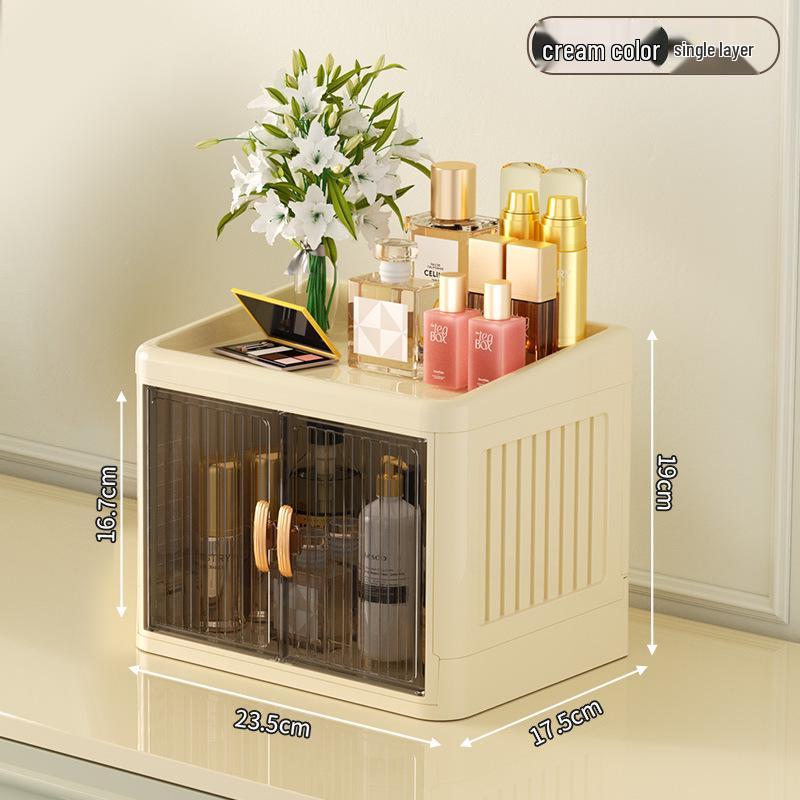 

Чорний складний ящик для зберігання з двома дверцятами та висувними ящиками для багаторівневої організації канцелярського приладдя, косметики та засобів для догляду за шкірою.