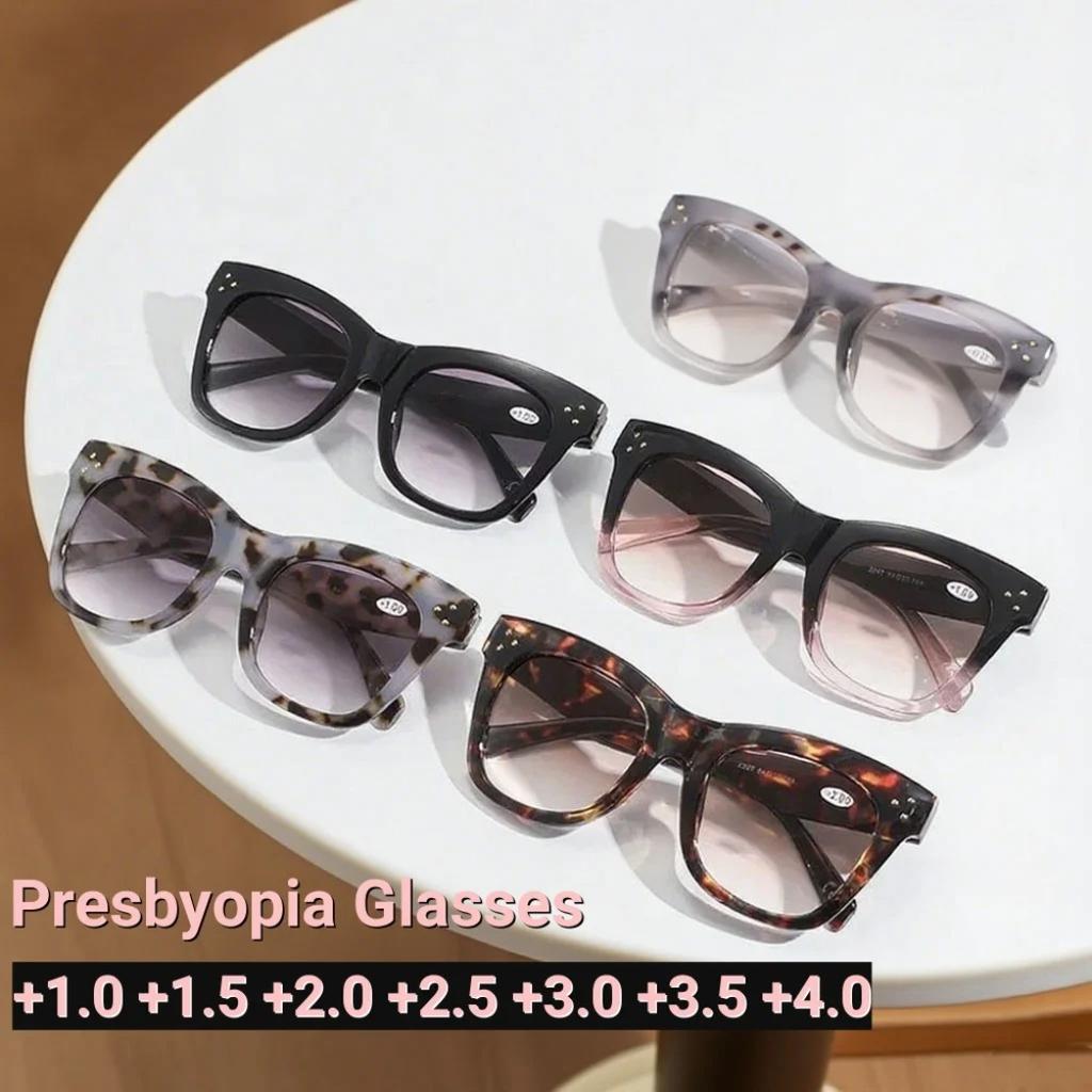 Retro Oversized Frame Progressive Color Women's Presbyopia Glasses HD Luxury Gray Tea Leaf Lenses Sunscreen Reading Glasses
