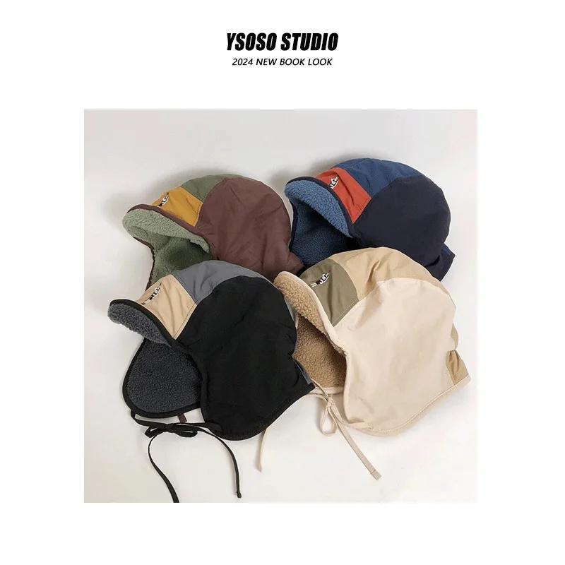 Korean Retro Embroidery Color Matching Bomber Hat for Men Women Autumn Winter Fleece Warm Versatile Ear Protection Ski Pilot Cap