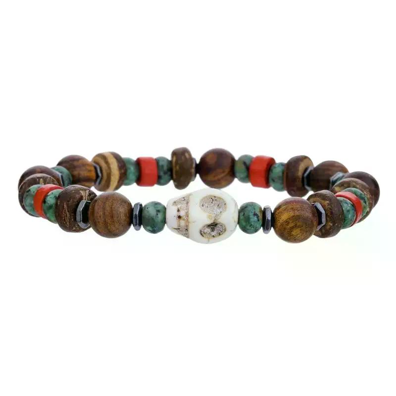 Vintage Handmade Beaded Skull Bracelet For Men Wooden Coconut Shell Beaded Bracelet Jewelry