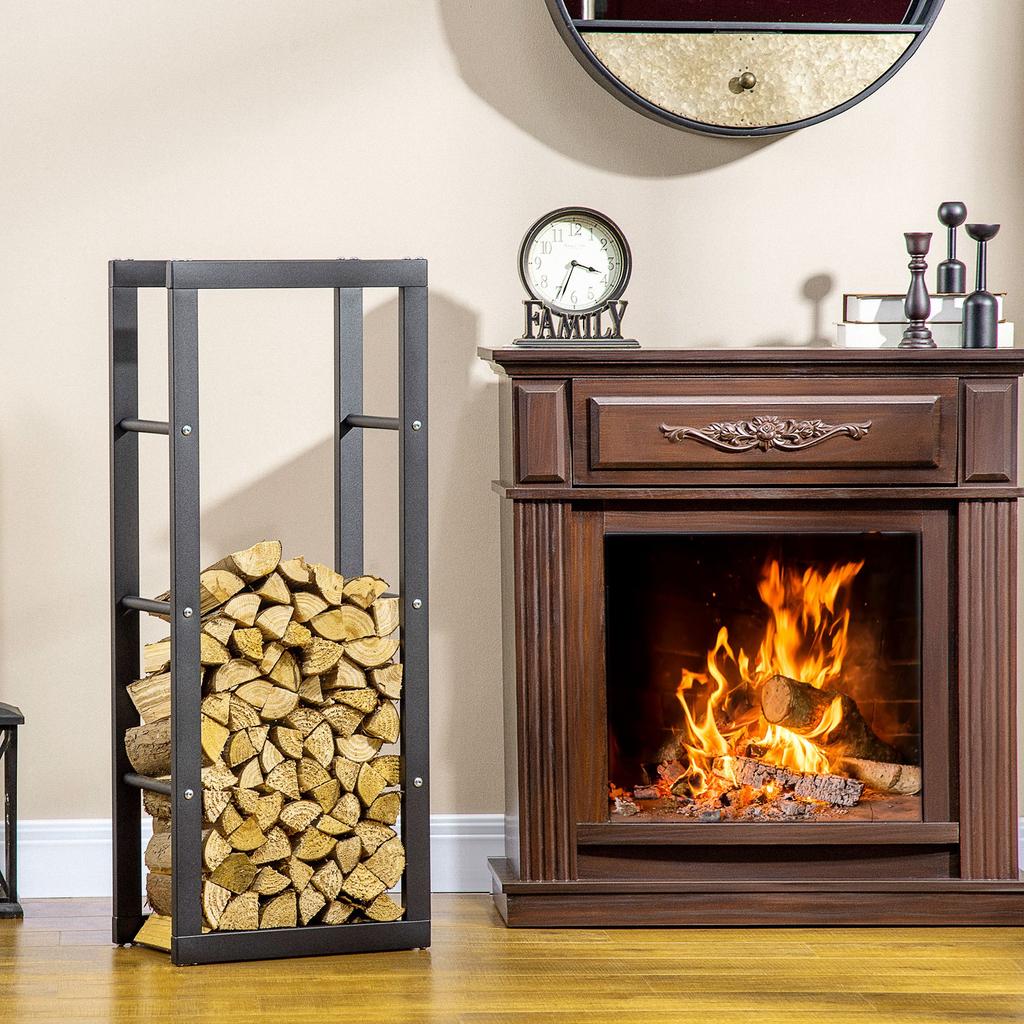 Metal Firewood Log Holder Tall Firewood Rack Indoor Outdoor Fireplace Wood Storage Shelf with Side Rails, Rust-Resistant, Black, 40W x 25D x 100H cm