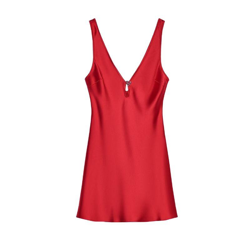 

Spring New Women s V-neck Sleeveless Short Red Heart-Shaped Satin Textured Dress 2354331 Red L