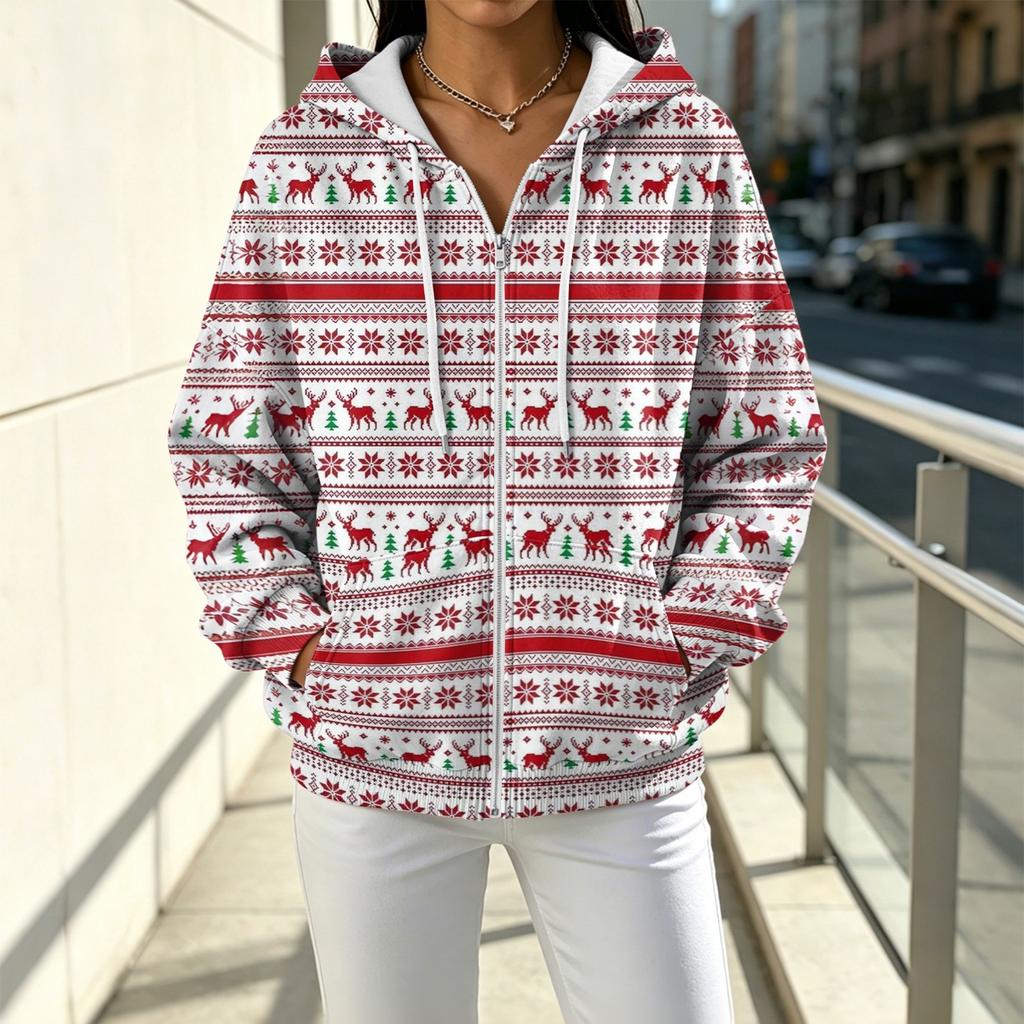 Women's Casual Loose Fit Printed -Lined Hooded Zip-Up Cardigan Top for Everyday Wear