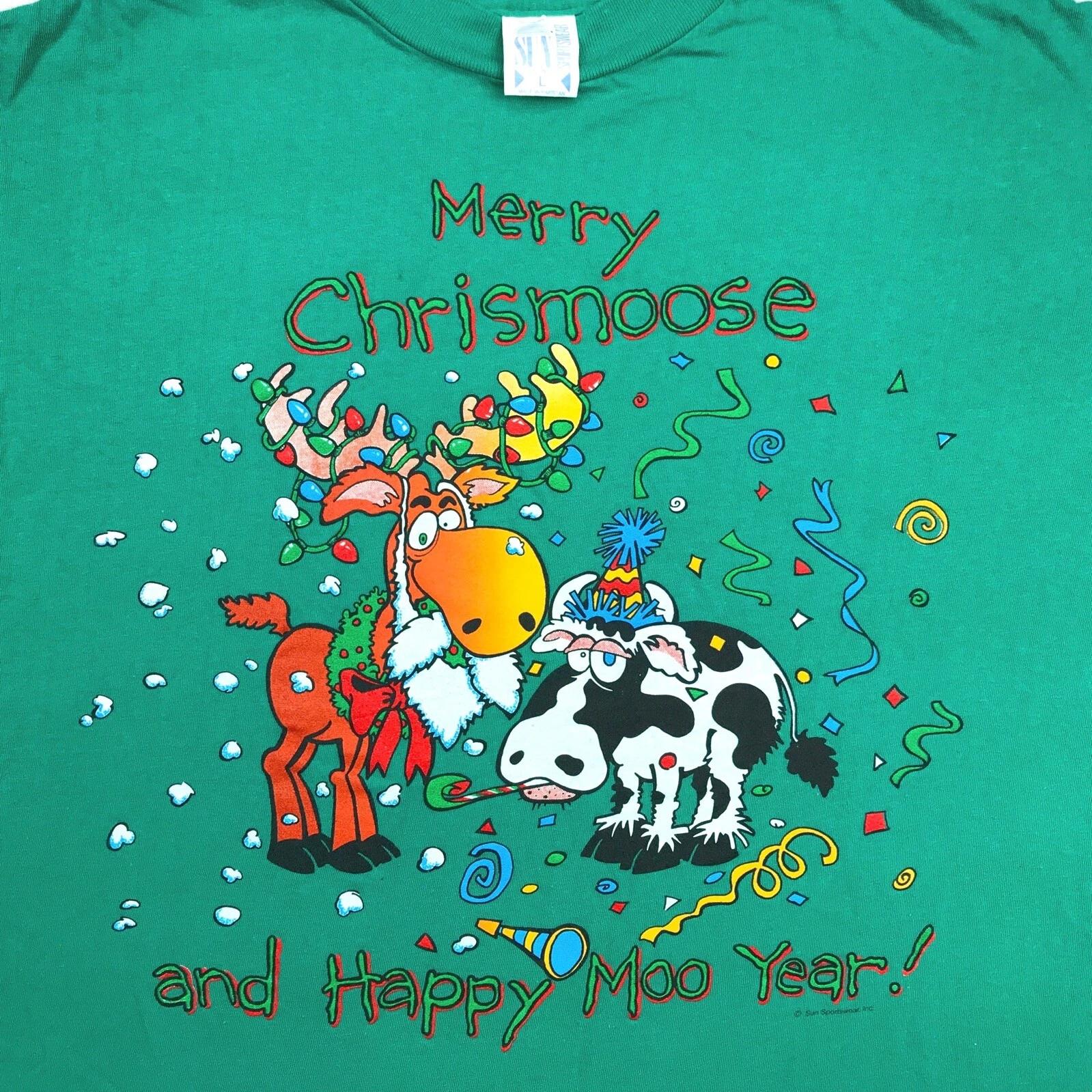 vintage 90s MERRY CHRIS MOOSE & HAPPY MOO YEAR CARTOON T-Shirt L single stitch S