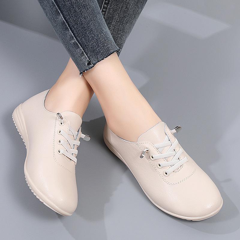 2025 Spring Women's Genuine Leather White Slip-on Sneakers - Soft Sole Casual Flats