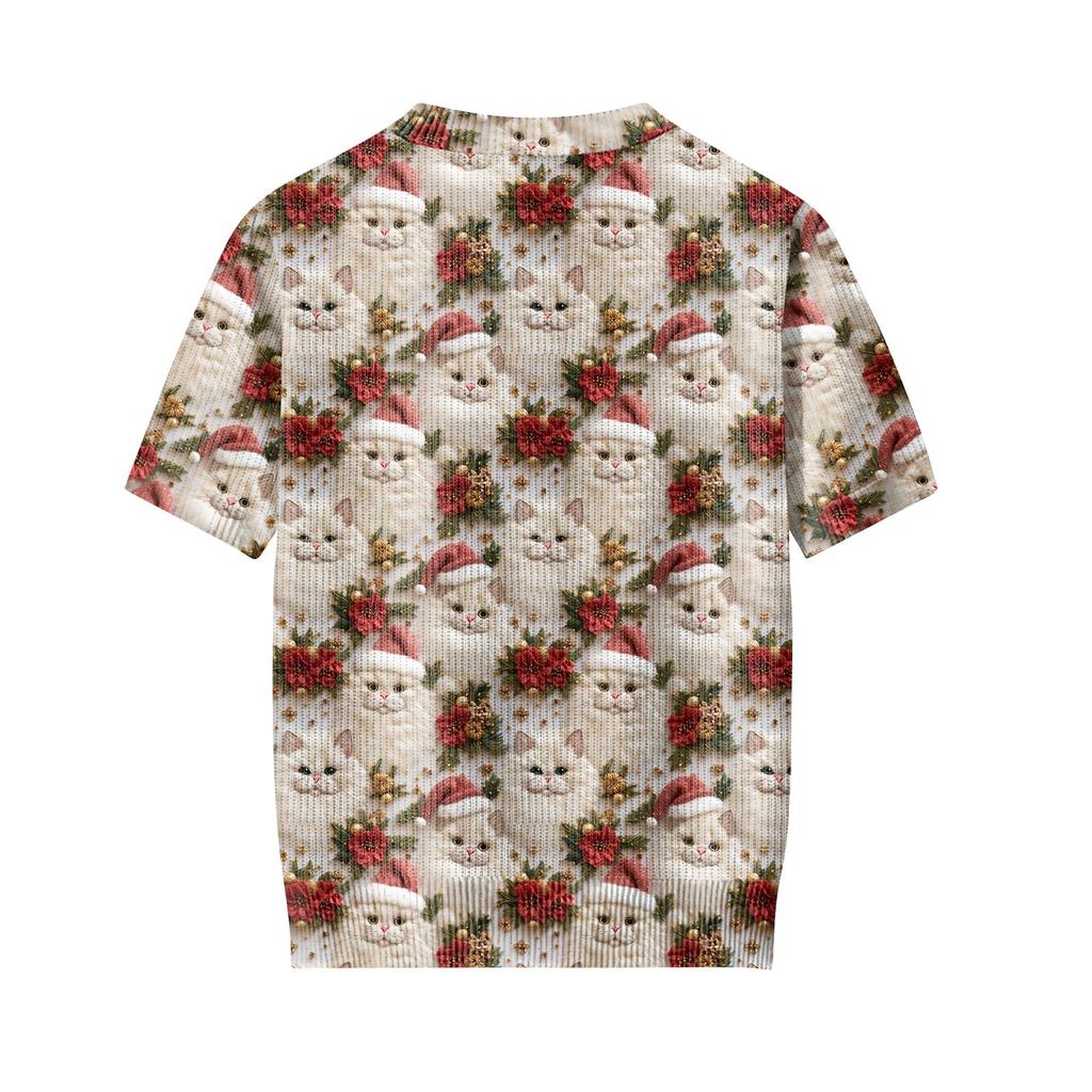 Women's Cute Sweater Knitted Fashion Casual Round-neck Short-sleeved  Cozy Print Top