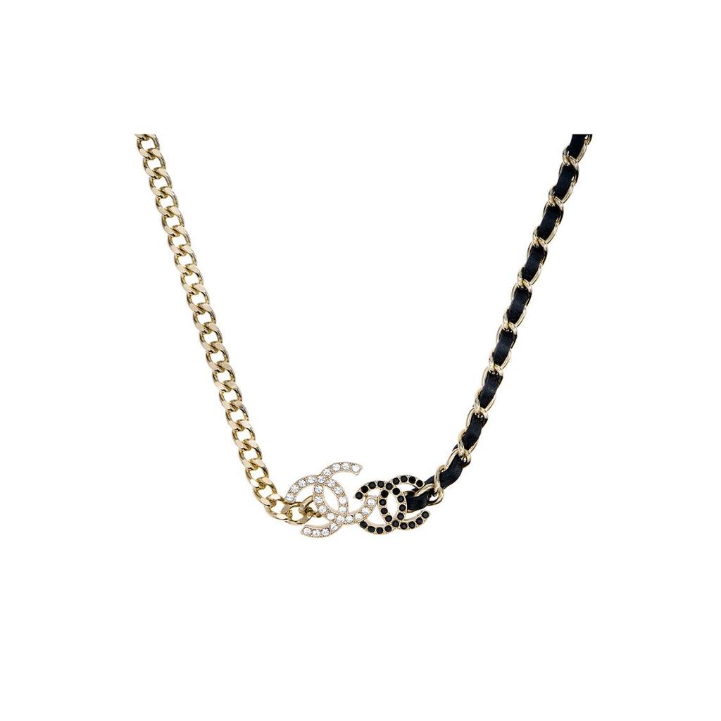 Chanel Coco Lambskin Chain Metal Splicing Rhinestone Necklace Women Necklace Black Gold AB9278-B09009-NK077