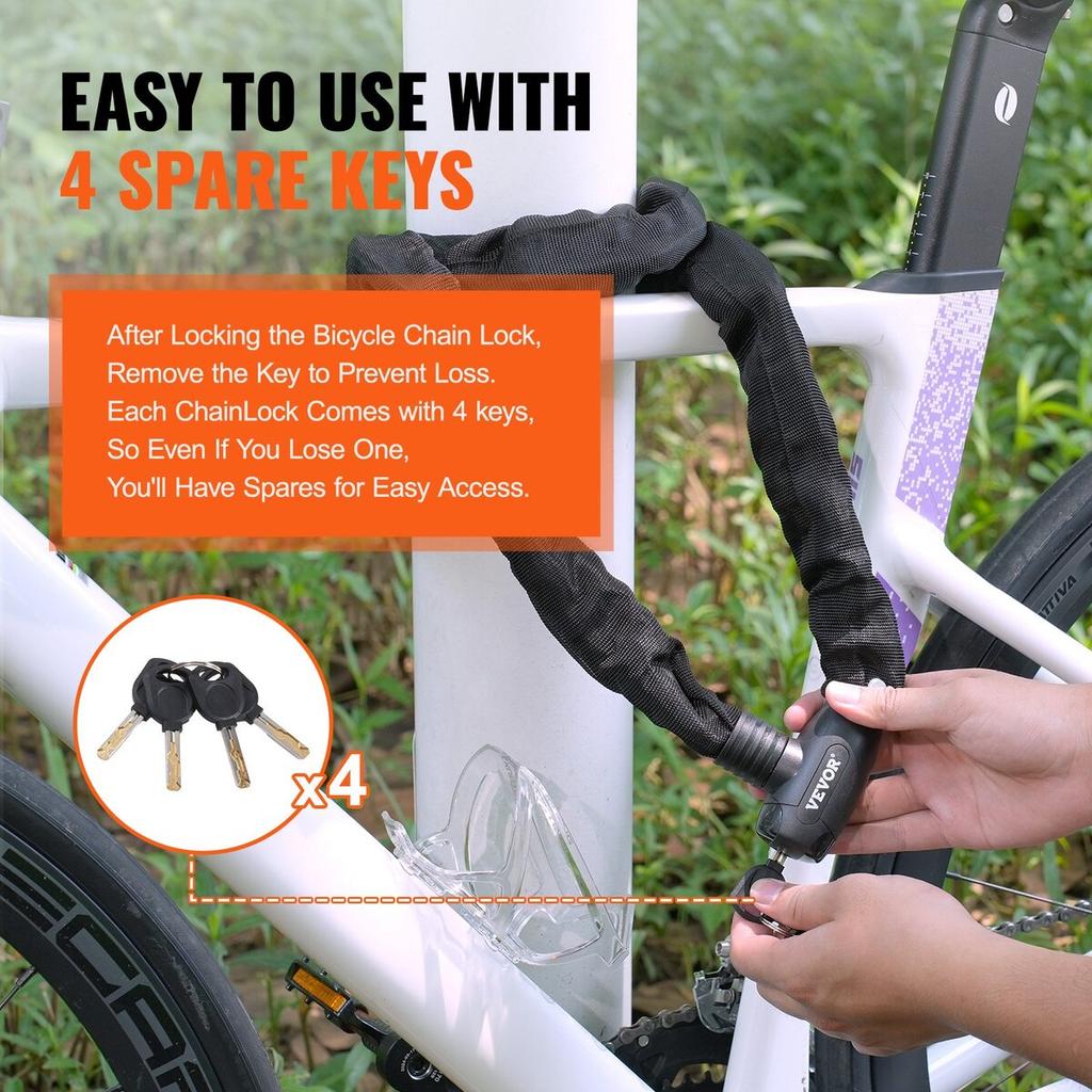Bike Chain Lock 5.91 Ft Combination Bicycle Chain Lock with 4 Keys 10mm