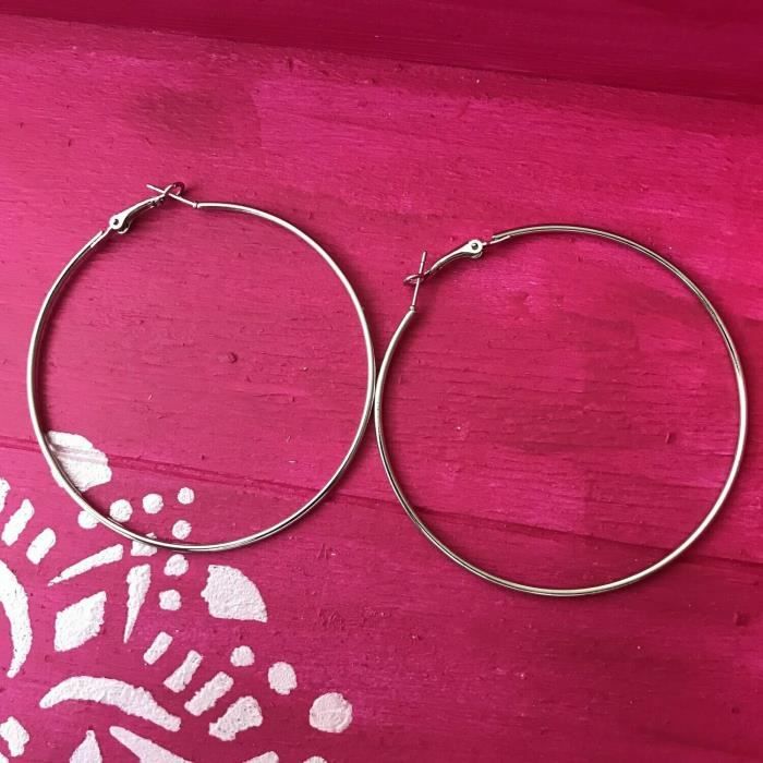 Boucles d'oreilles créoles - Métal argenté - 70mm - Femme - Argent - Argenté