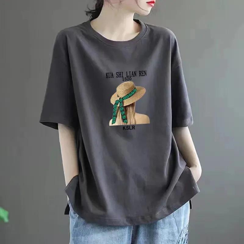 

Pure Cotton Summer Plus Size Ladies T-shirt Short-sleeved Loose Fat Covering Meat High-end Thin Top Ins XS
