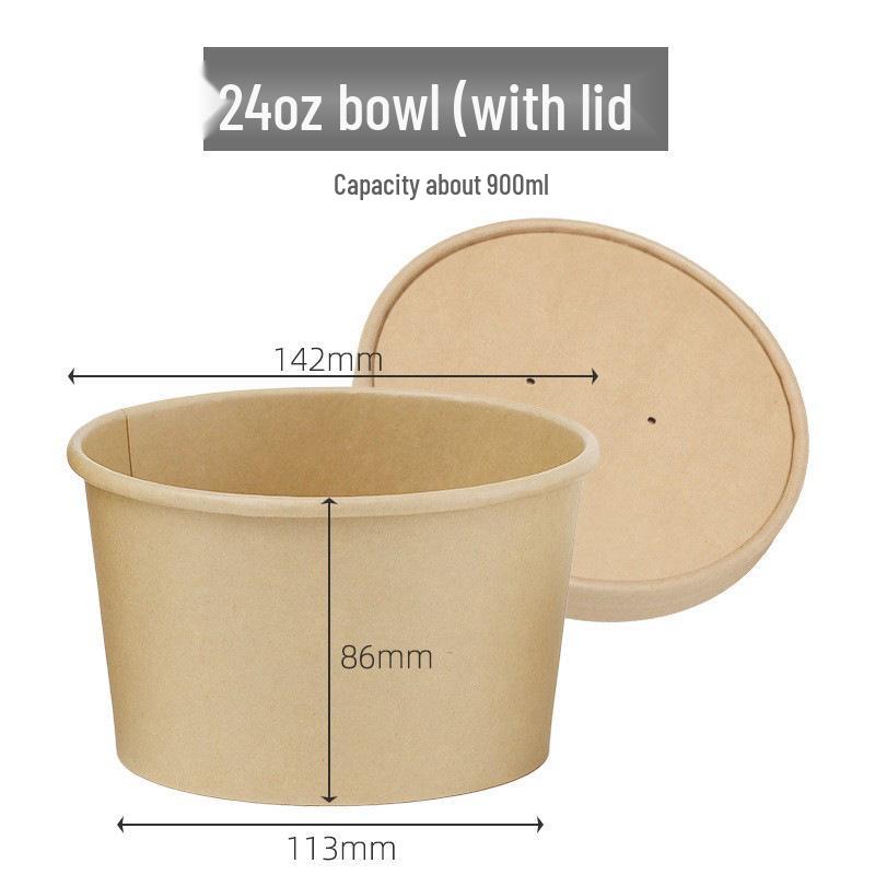 Disposable Kraft Paper Soup Bowl with Lid - Thickened Round Takeaway Meal Box for Porridge and Lunch