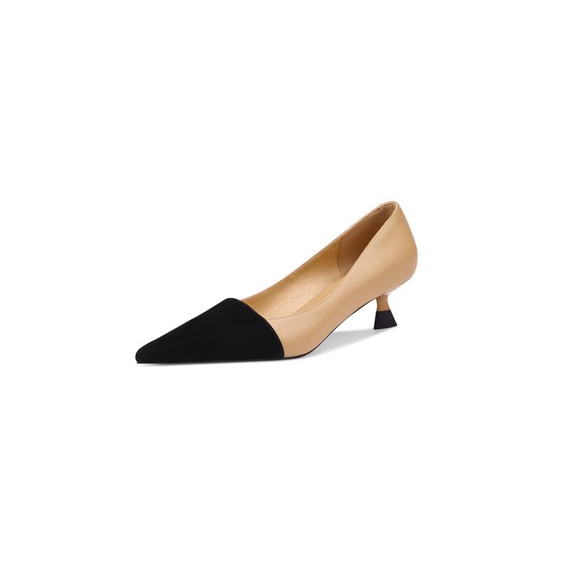 Women's Genuine Leather Patchwork Thin High Heel Pointed Toe Slip-on Pumps Elegant Ladies Daily Dress Heeled Shoes for Women