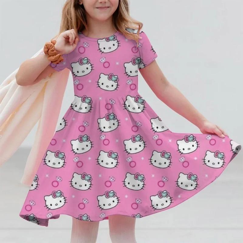 3D Printed Sanrio Hello Kitty Fashion Cartoon Pattern Cute Short Sleeved Dress Cosplay Youth Girl Clothes Kuromi Clothes Sweet