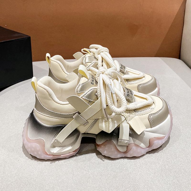 Fashion 6CM Leather High Platform Wedges Leisure Sneakers New 2024 Autumn Women Casual Sports Dad Shoes Lace-up Chunky Sneakers