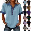 Denim Patchwork Hemden für Damen Stehkragen Lässige Bluse Kurzarm Bequemes T-Shirt Frühling Sommer Mode