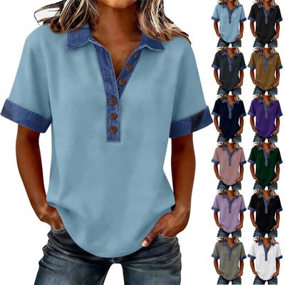 Denim Patchwork Skjorter Til Kvinder Stå krave Afslappet Bluse Kort Ærme Behagelig T-shirt Forår Sommer Mode