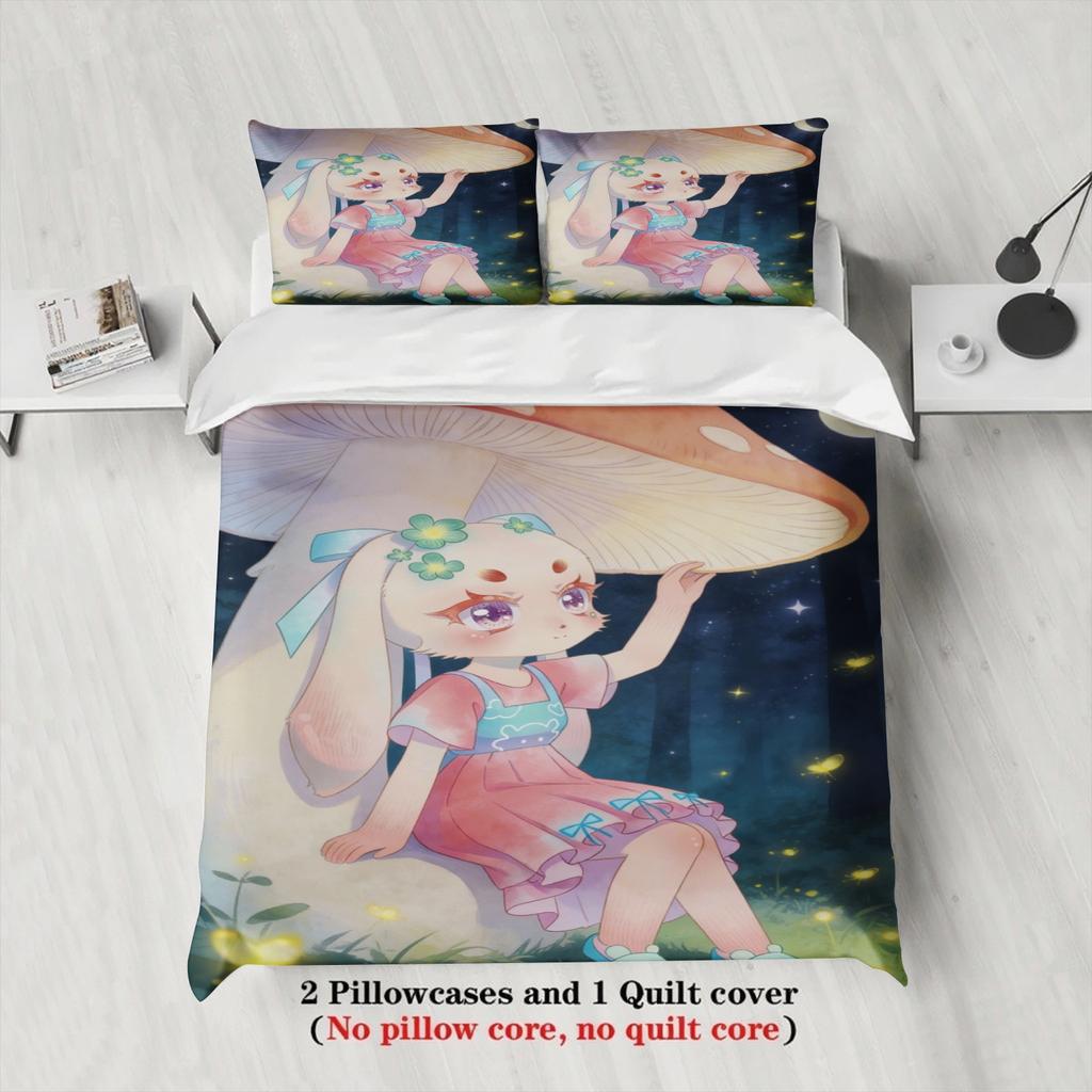 Softville Cozy Town 3PC Bedding Sets Lop Rabbit Sitting Under Mushroom Pint Duvet Cover No Filling Cartoon Style Queen King Size