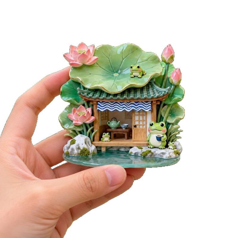 Cute Frog Tea House Fridge Magnet 3D Resin Refrigerator Sticker Lovely Lotus Embossed Decor Magnet For Kitchen Home Decoration