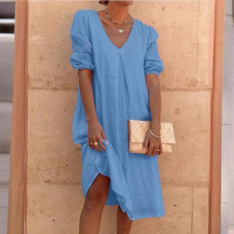 Fashion Short Sleeve V Neck Casual Loose Summer Dress Women Elegant Solid Color Simple A-line Dresses Office Ladies Plus Size Women Clothing