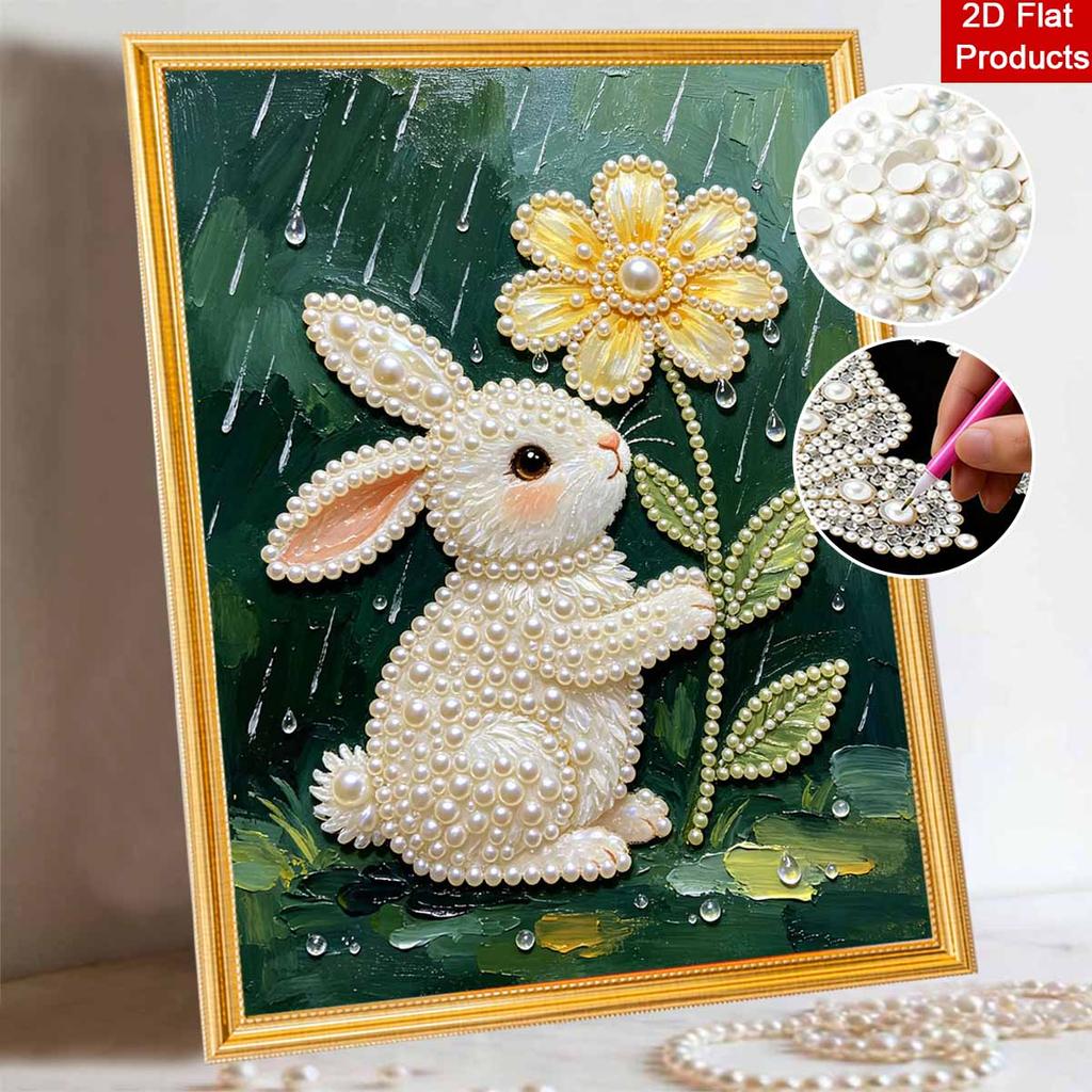 DIY Frameless Pearl Painting Kit Cute Rabbit Flower 3D Shiny Bead Art Canvas Relaxing Creative Craft for Home Wall Decor Gift