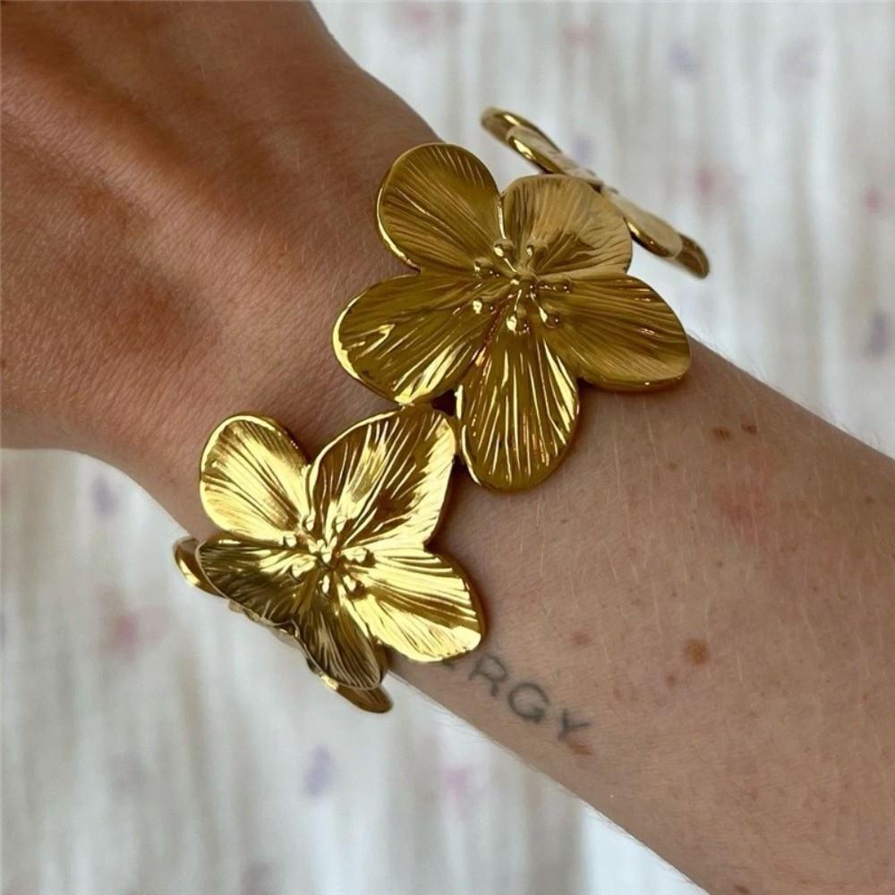 Opening Geometry Flower Bracelet Wide Face Metal Wristband New Bangle  Women