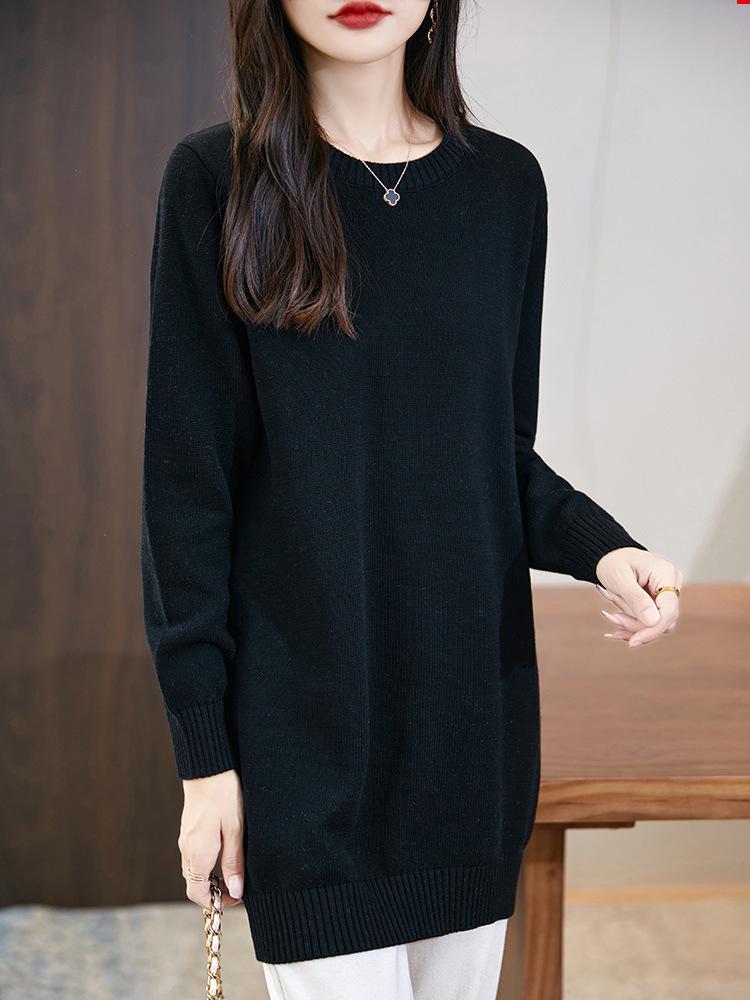 2026 A/W Women's Thick Knit Pure Cotton Dress - Long Sleeve, Solid Color, Round Neck, Loose Mid-Length Skirt