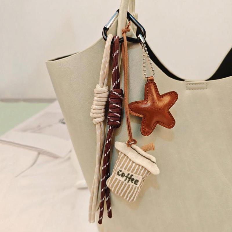 Cute Cartoon Coffee Cup Bag Charm Creative Personalized Keyring Vintage Braided Rope Keychain Backpack Pendant Gifts