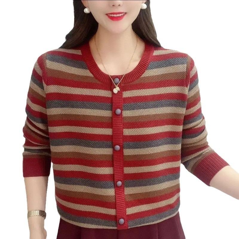 Large size fat M stripes contrasting color knitted sweater pullover autumn and winter loose and thin sweater top women