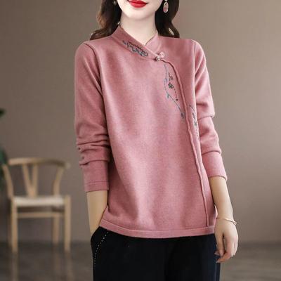 Women Vintage Chinese Ethnic Style Embroidery Elegant Thick T Shirt Autumn Winter Fashion Stand Collar Long Sleeve Pullover Tops