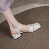 Cow Leather Square Toe Thick Med Heels Autumn Summer Buckle Straps Shoes Hollow Decorations Women Shallow Sandals