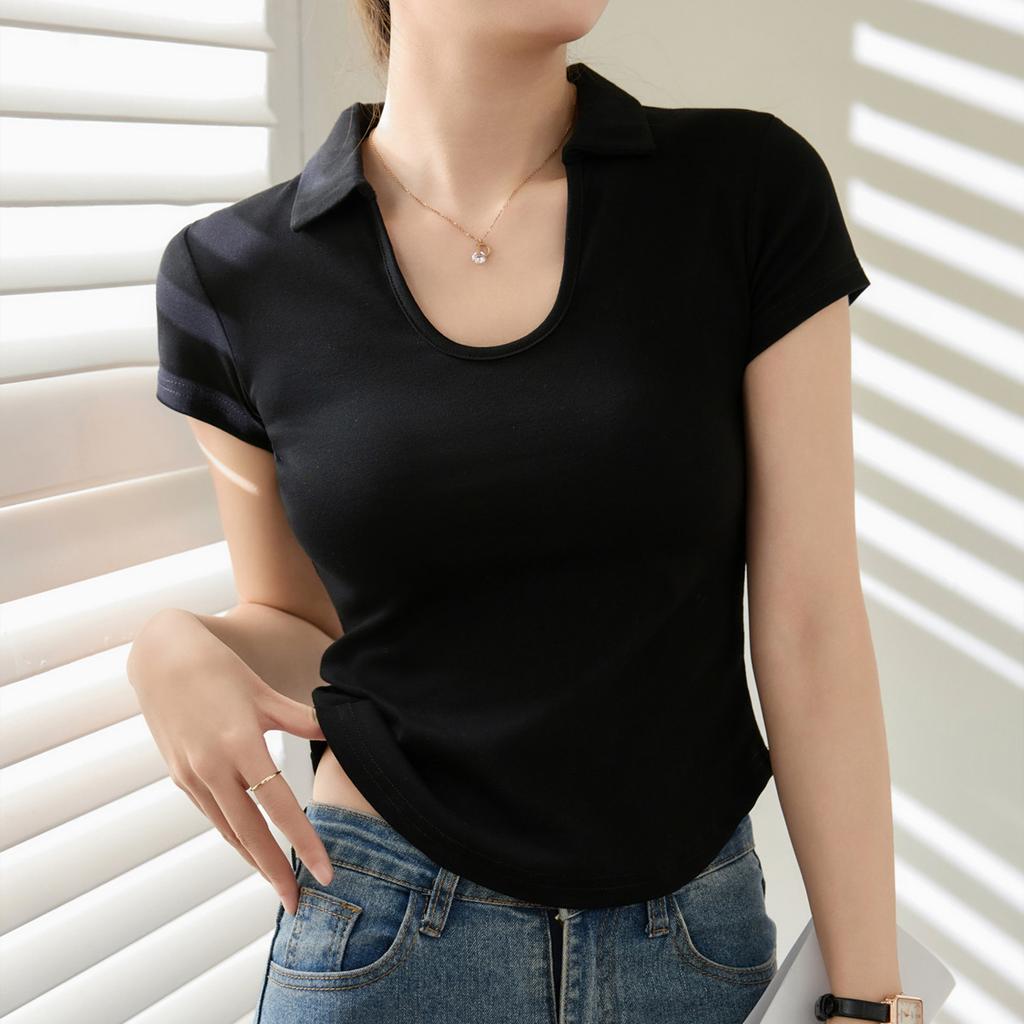 Cotton Polo Collar U-shaped T-shirt Women's Short Sleeve Summer New Scheming Sexy Base Shirt