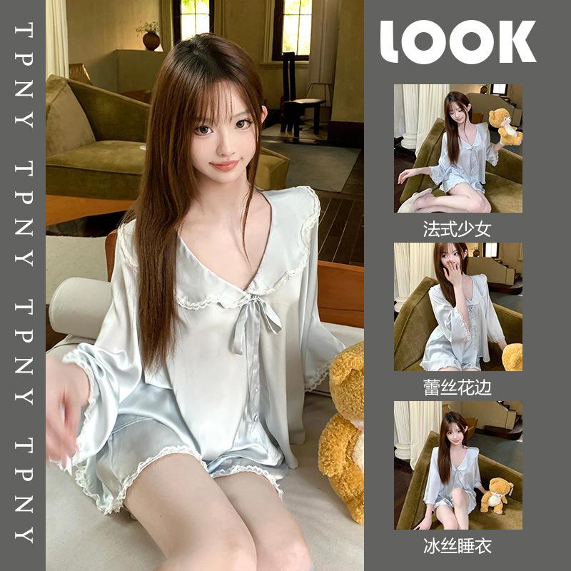 French premium long-sleeved ice silk pajamas women's summer new lace loungewear cardigan shorts skin-friendly set
