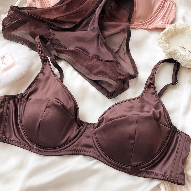 Conjunto de sujetador push up de seda de hielo para mujer, ropa interior cómoda y sexy con pechos pequeños, relleno desmontable, copa fina, sujetador, bragas íntimas