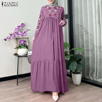 Robe Longue Maxi Florale Décontractée à Manches Longues et Col Rond pour Femme