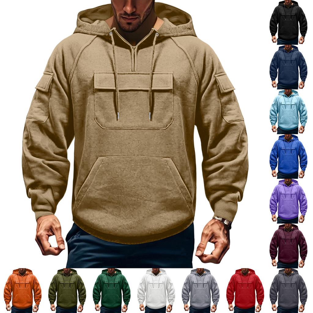 Men's Cargo Hoodie | Drawstring Multi-Pocket, Solid Color For Outdoor & Casual Wear