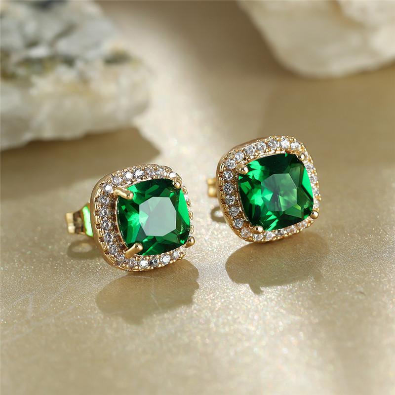 Female Luxury Green Crystal Zircon Stone Stud Earrings Vintage Gold Color Wedding For Women