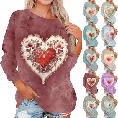 Women's Fashionable Round Neck Shoulder Long Sleeved Valentine's Day Printed Casual Pullover Top