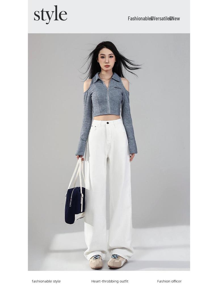 Women's White High-Waisted Wide-Leg Denim Pants - Spring 2026 Loose, Slimming, Three-Proof Design