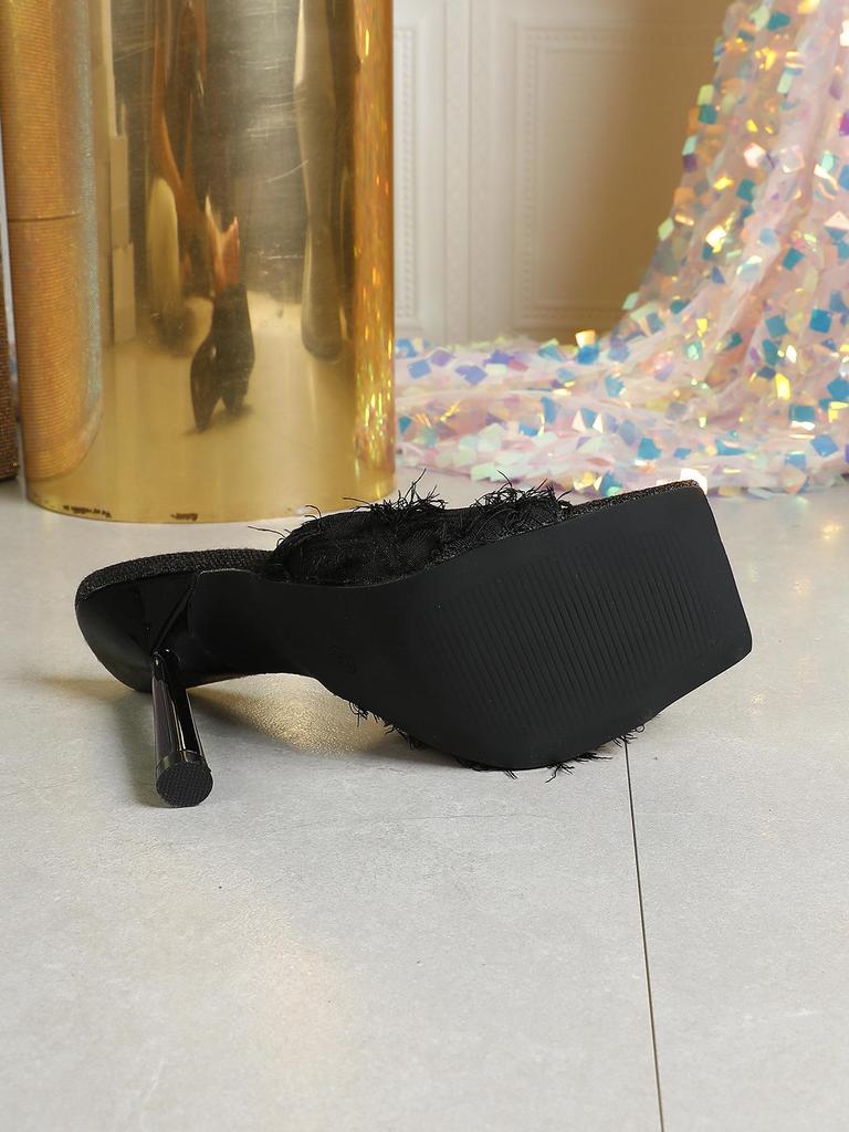 2025 New French Square & Pointed Toe Furry High Heel Slippers for Women