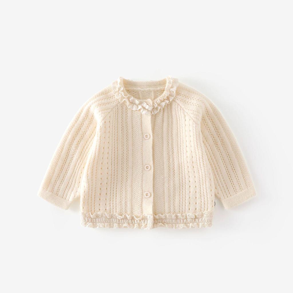 Girls' Autumn Knitted Cardigan with Lace Collar – Stylish Korean-Style Children's Fashion.