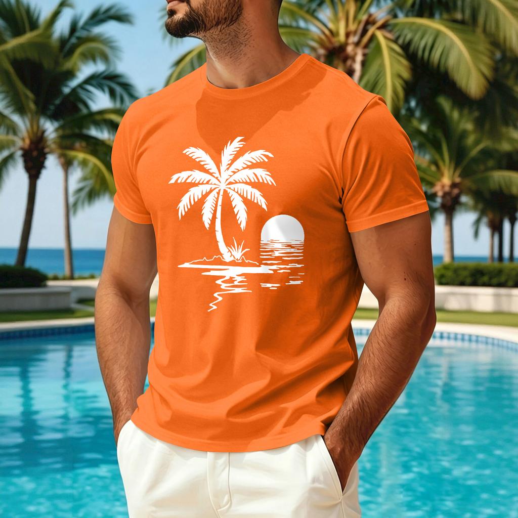 Men's Summer Hawaiian Print Crew Neck Ice Silk Shirt Casual Quick Dry Short Sleeve Sun Protection Top for Outdoor Activities
